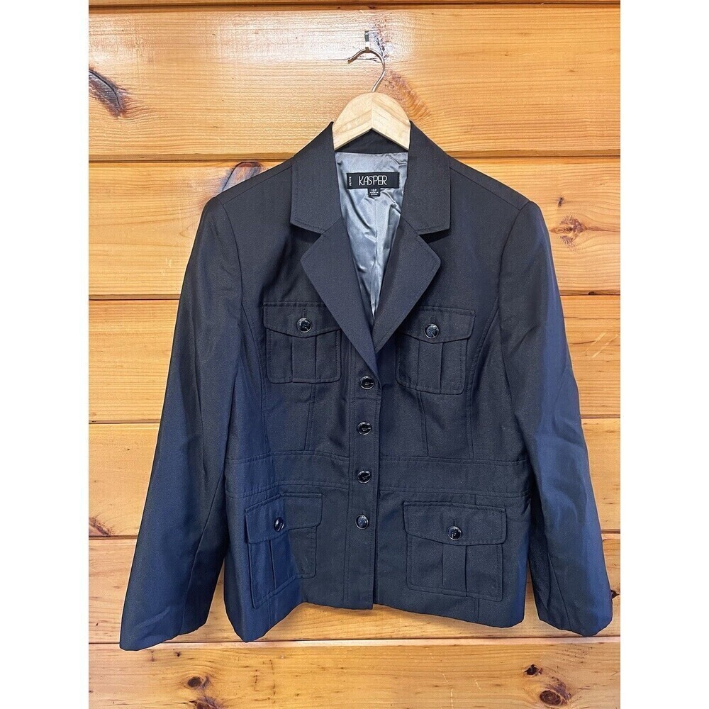 Kasper Women Size 16P Dark Gray Blazer Jacket Single Breasted 4-button Pockets